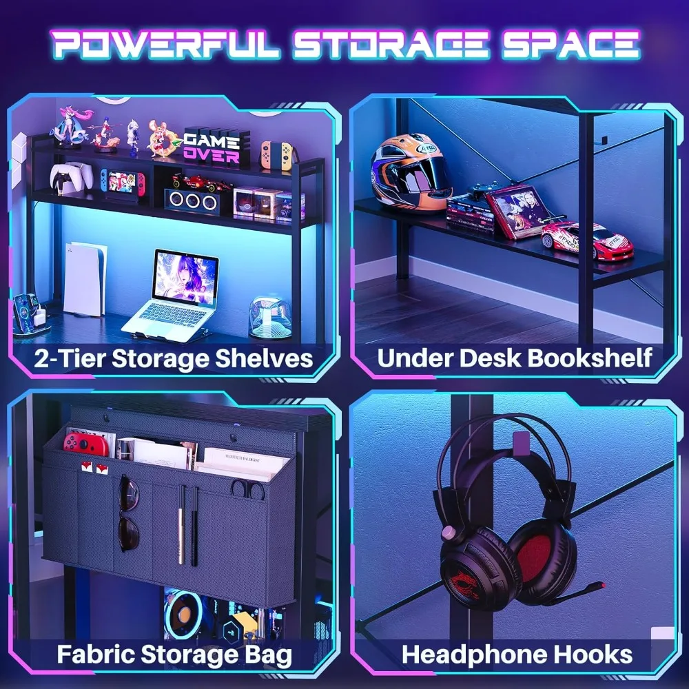 "59-inch led-lit l-shaped desk with power outlet for home office and gaming"