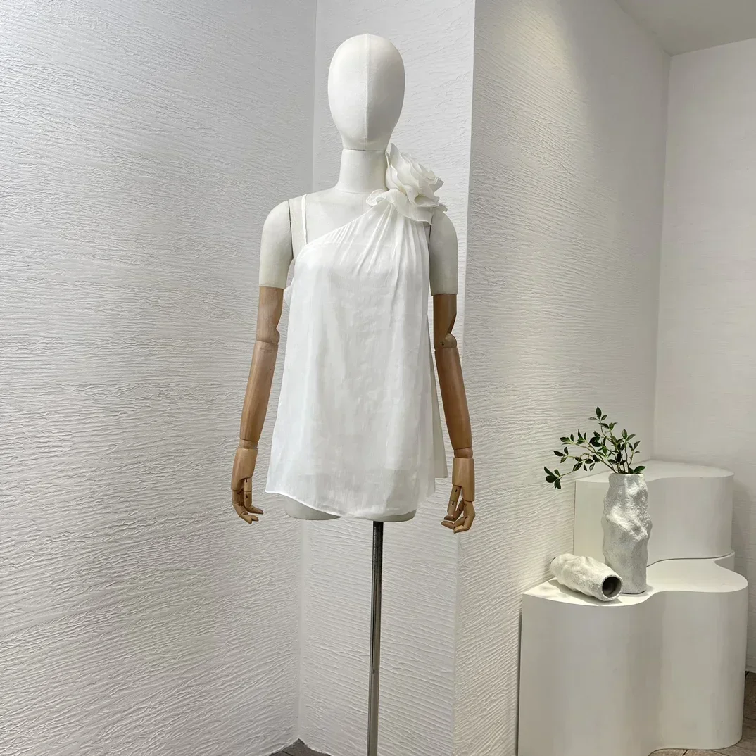 2024 Silk Linen High Quality White Flowers Blooming One Shoulder Women Blouse Tops high quality artificial flowers bridal wedding bouquet silk rose holding flowers crystal bridesmaid bouquets buque noiva pl001 d