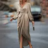 New Women's Elegant Cross V Neck Party Dresses Spring Summer 2025 Fashion Slit Puff Sleeve Irregular Long Sleeve Female Dress 1