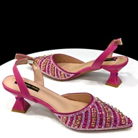 2025 Shiny Italian Fashion Pointed Toe Women Heel Fashion Rhinestone Decoration Fuchsia Color Shoes And Bag Set 6