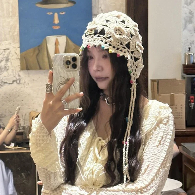Handmade Crochet Hat Y2k Fashion Hollow Beanie Hat Cap with Beads Tassle Thread Knitting Thin  Baotou Hat for Decoration Japan 5