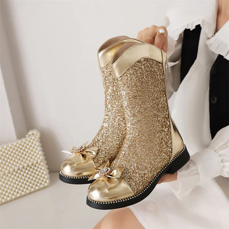 

YQBTDL 2022 Autumn Sweet Lolita Style Bling Sequins Crystal Bowtie Girl Ankle Boots Low Heel Party New Shoes Women Gold Sliver