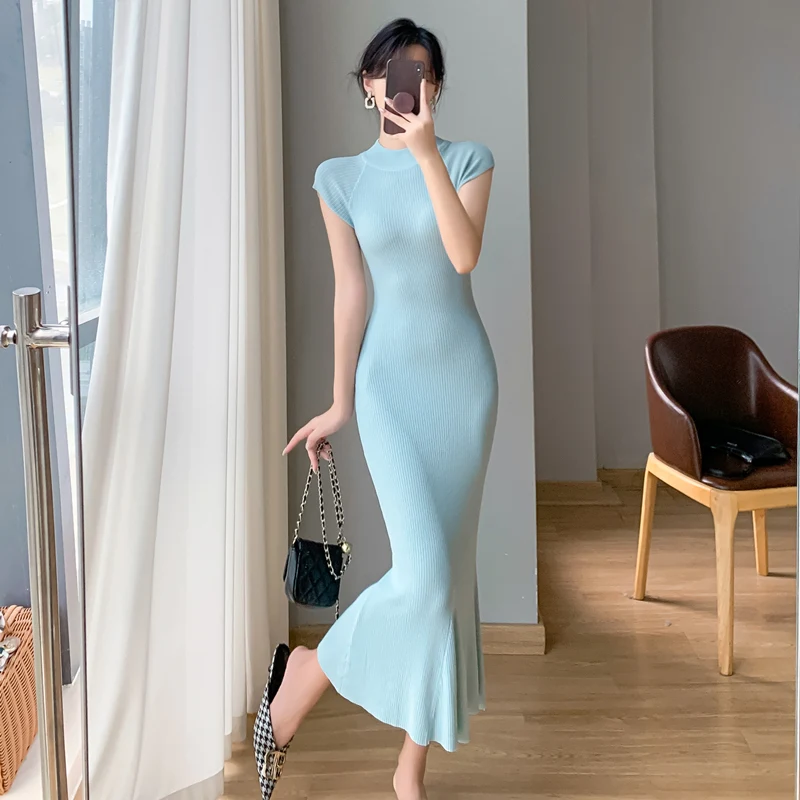 

Women's Summer Dress 2024 Office Lady Korea Style Sexy Flounced Solid Knitted Short Sleeve Sheath O-Neck Dresses