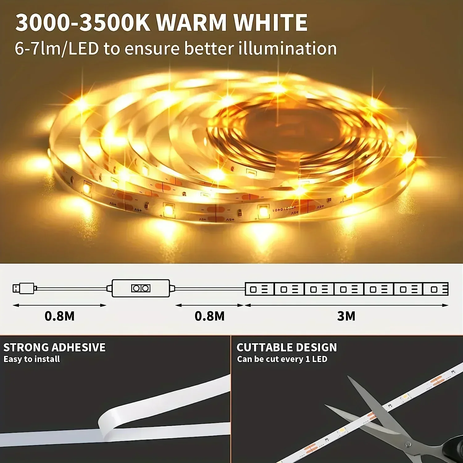 5V LED Strip Light USB Touch/Gesture Dimmable Switch Tape Light SMD3528 Flexible Gaming Room Lightings Closet Decorations DIY