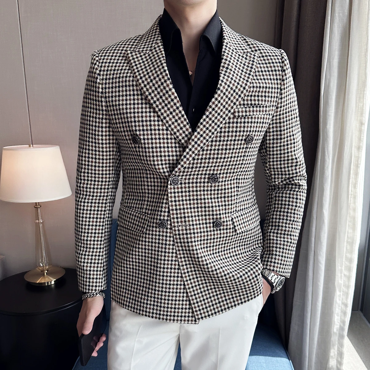 British Style Fashion Double Breasted Casual Blazer Coat Men Check Slim Fit Suit Jacket Formal Office Wedding Tuxedo Jacket