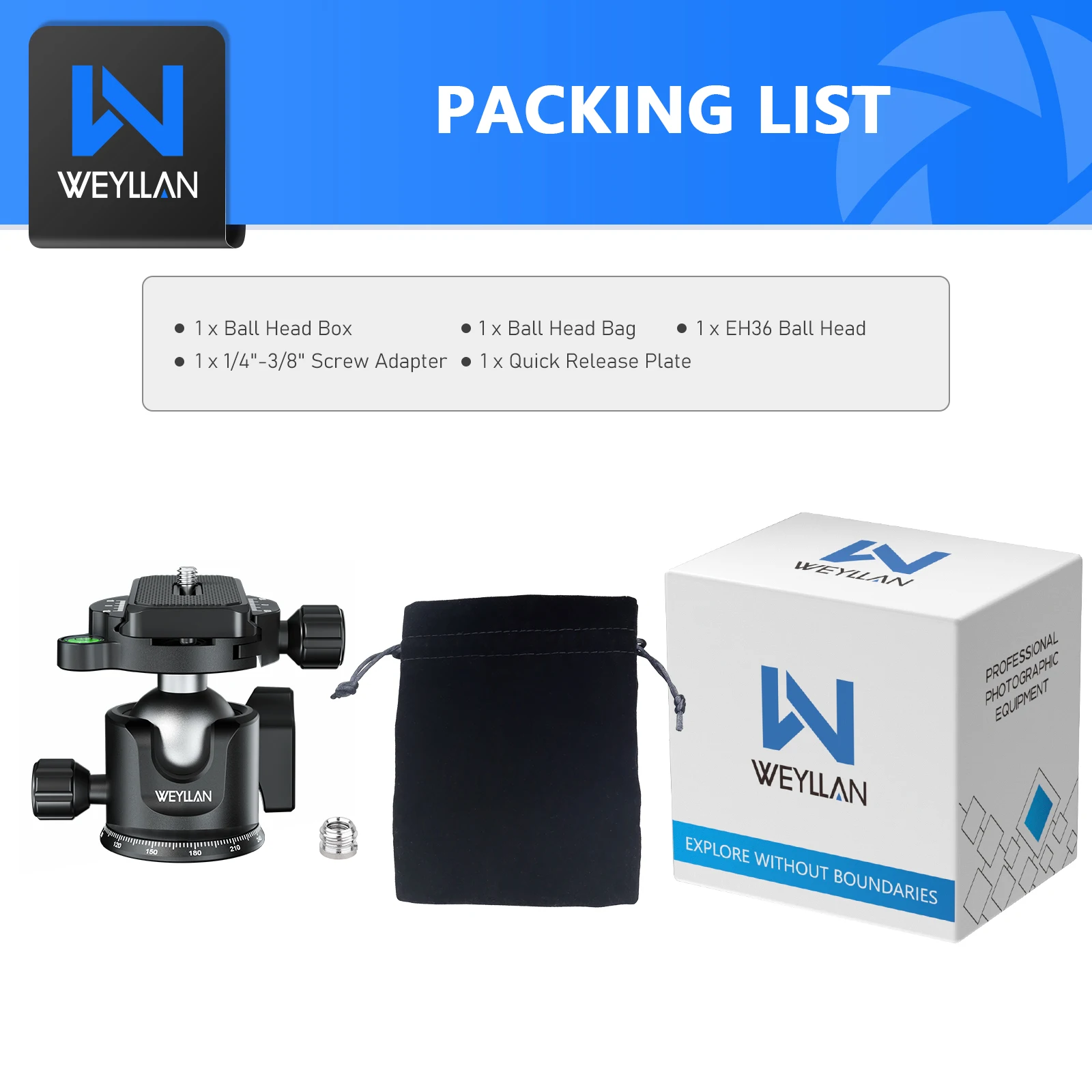 Tripod Ball Head Weyllan CNC Metal 36mm Ballhead Aluminum Alloy Arca Tripod Head Low Profile 1/4" to 3/8" Srew BallHead for Tripod Monopod Camera