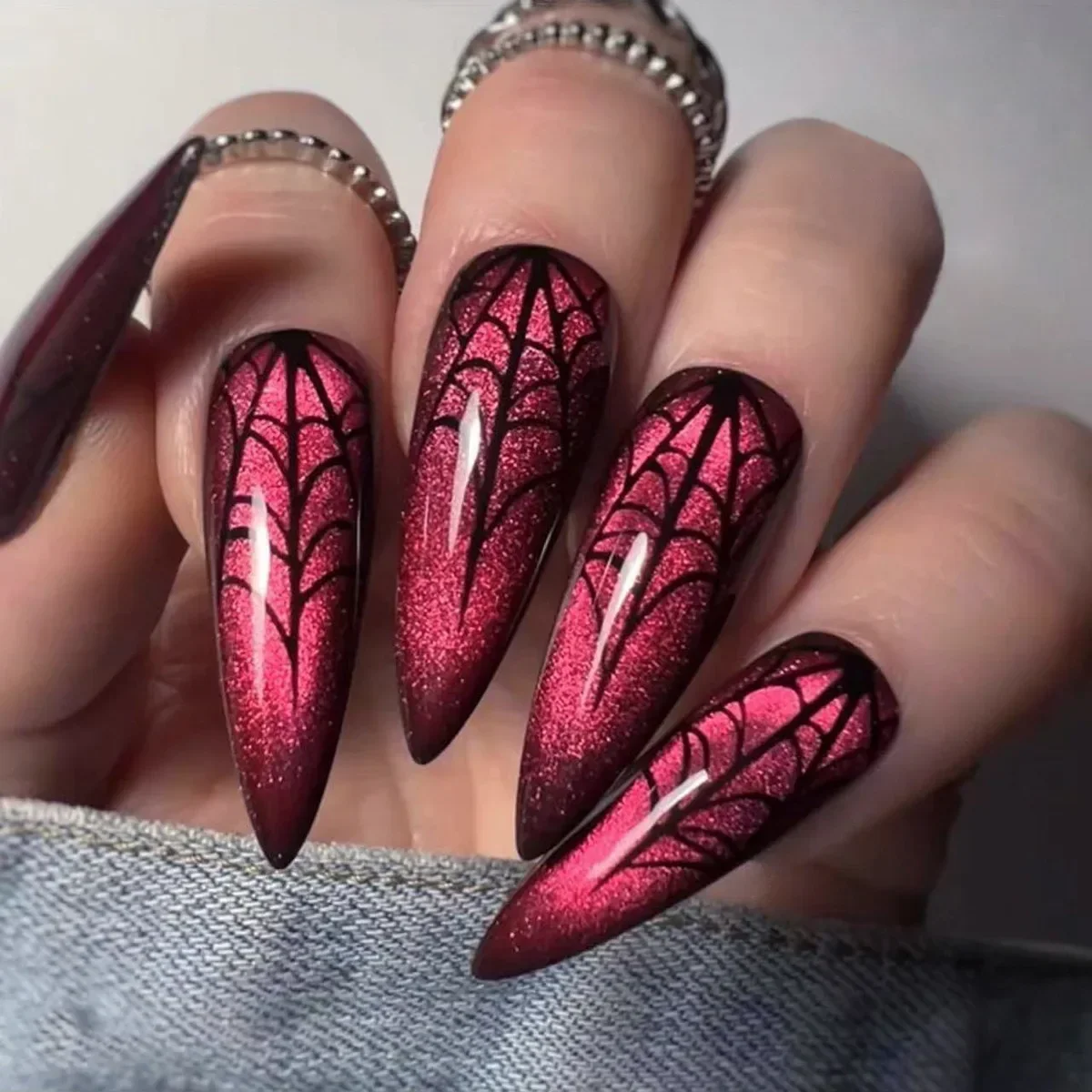 24 Stück Halloween Press-on-Nails – Rot-Schwarz Gradient Mit 3D-Spinnen, Gothic Design, Ballerina-Form