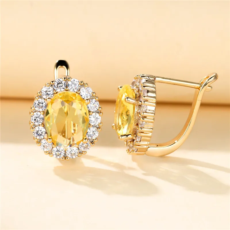 Luxury Crystal Yellow Oval Stone Earrings Multicolor Zircon Small Wedding Jewelry For Women