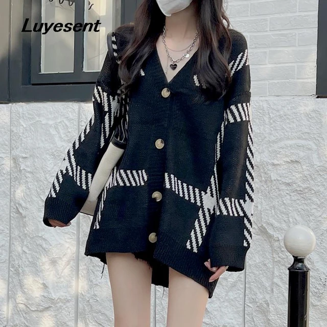 Female Elegant Long Sleeve Cardigan Sweater 2023 Autumn Lady Contrast Color V Neck Sweaters Mujer Knit Buttons Jumpers _ - AliExpress Mobile