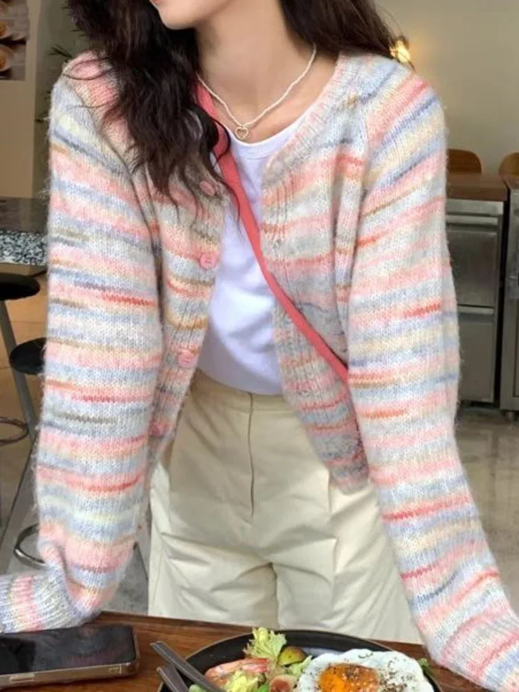 

2023 Grunge Striped Contrast Color Cardigan Y2k Aesthetic Vintage Knitted Cardigan Fashion Harajuku Women Single Breasted Tops