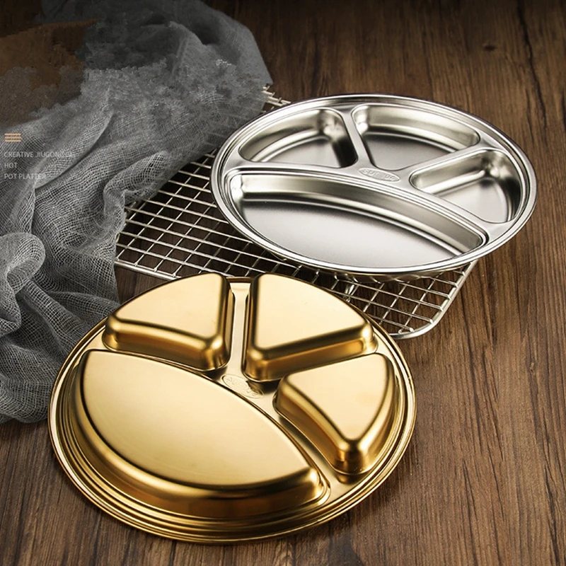 Stainless Steel Tray Divided Flat Compartment Food Trays Circular Dinner Trays Food Portion Plates With Divider Plate Dinnerware