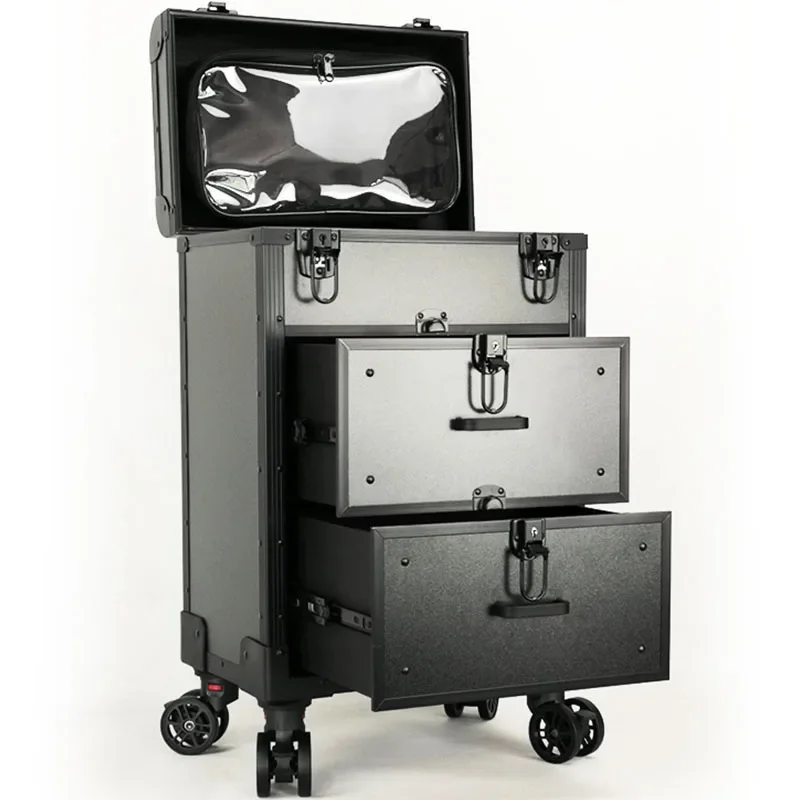 Professional 220V Aluminum Alloy Makeup Box Trolley with Large-Capacity Lock for