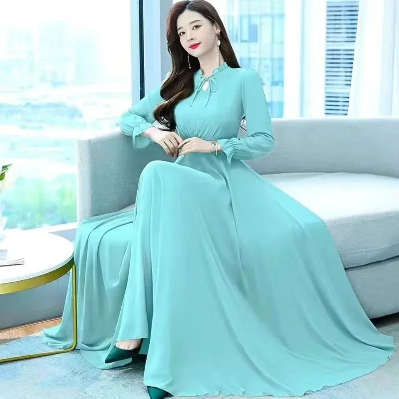 فستان نسائي بأكمام طويلة حافة شيرينج فستان ماكسي نسائي ملابس نسائية شيفون فساتين طويلة كورية للشاطئ رداء طويل فيستدوس