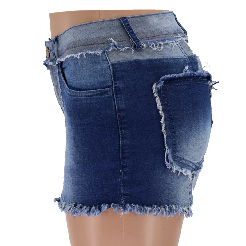 Spring Summer Streetwear Women Blue Stitching Slim Denim Shorts Mid-Waist England Style Shorts Vintage Street Plus Size Shorts