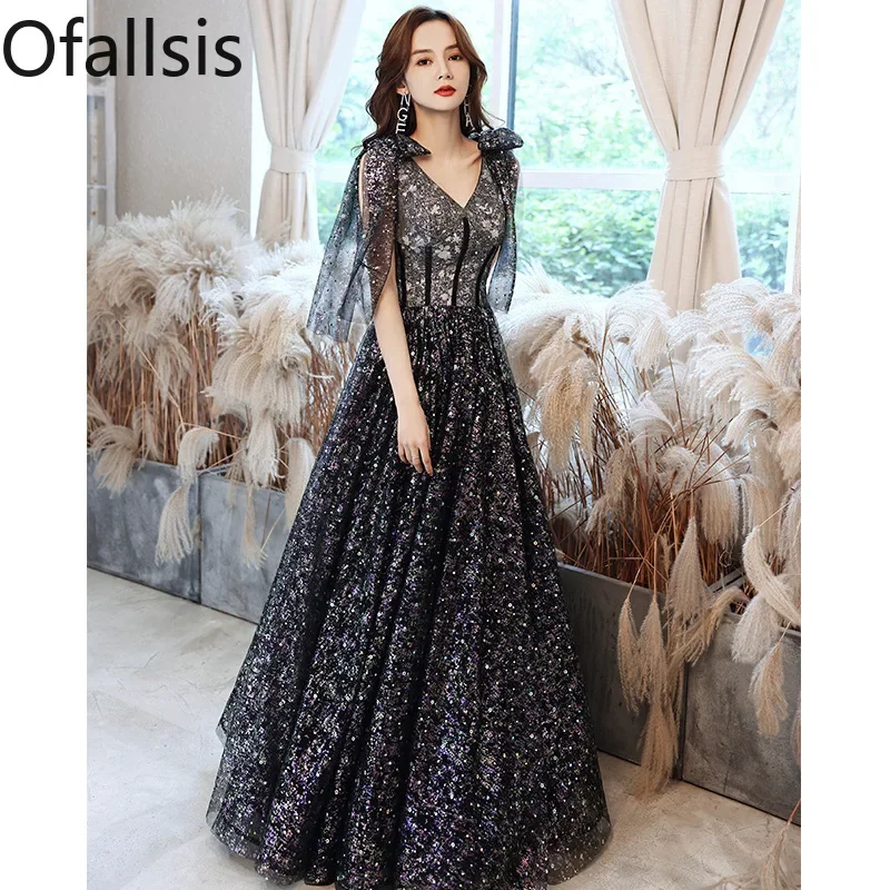 

Ofallsis Black V Neck Sleeveless Celebrity Evening Dress 2023 New Elegant Annual Meeting Host Cocktail Party Dinner Long Dresses