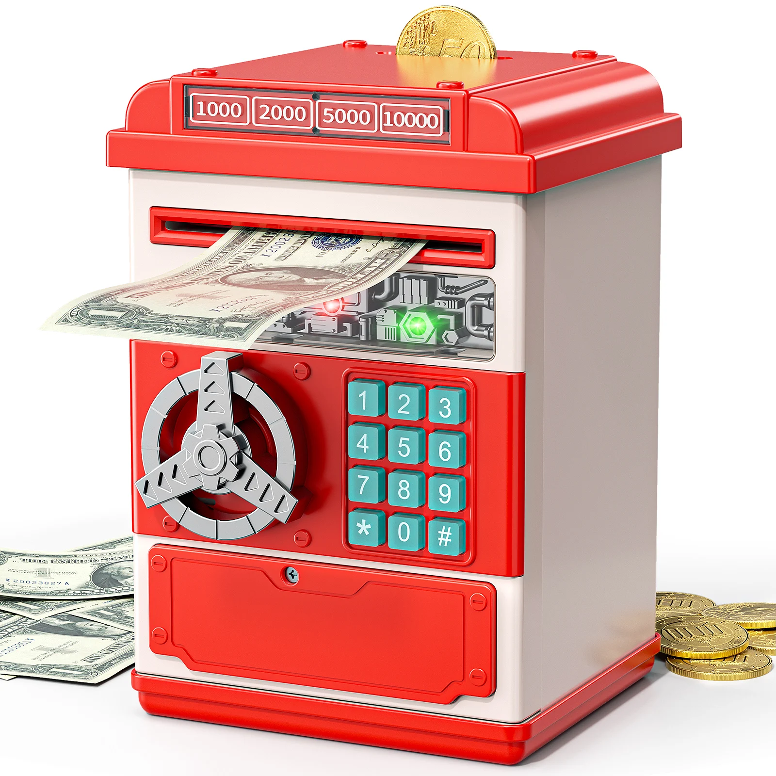 TEMI Toy Saving Bank. Electronic, Password-Protected. Auto-Scroll For Paper Money. Ldeal Gift For Kids 3+ (Red). 6