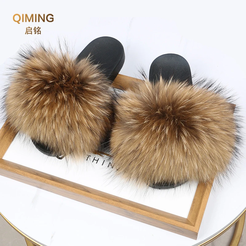 Summer Real Fur Slippers Plush Fluffy Raccoon Fur Slides For Women Flip Flop Flat Furry Outdoor Fashion Sandals Woman Shoes 3