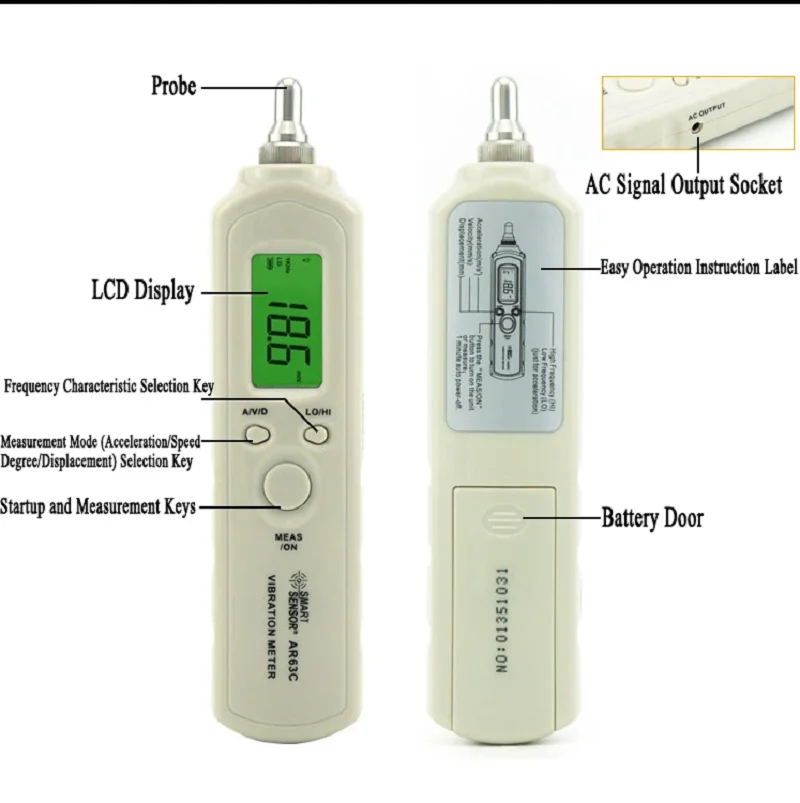 Smart Sensor AR63C Portable Digital Vibrometer AC Output 9V Battery Vibration Meter Analyzer 4