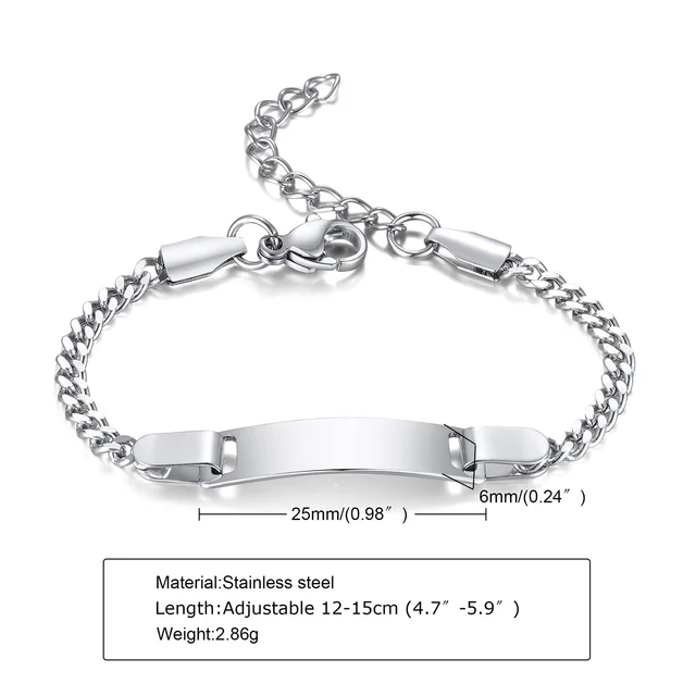 Custom Personalized Name Baby ID Bracelet, Stainless Steel Curb Chain Link Crown Bracelet Newborn Gilrs Boy Gifts Not Allergic 1050S silver