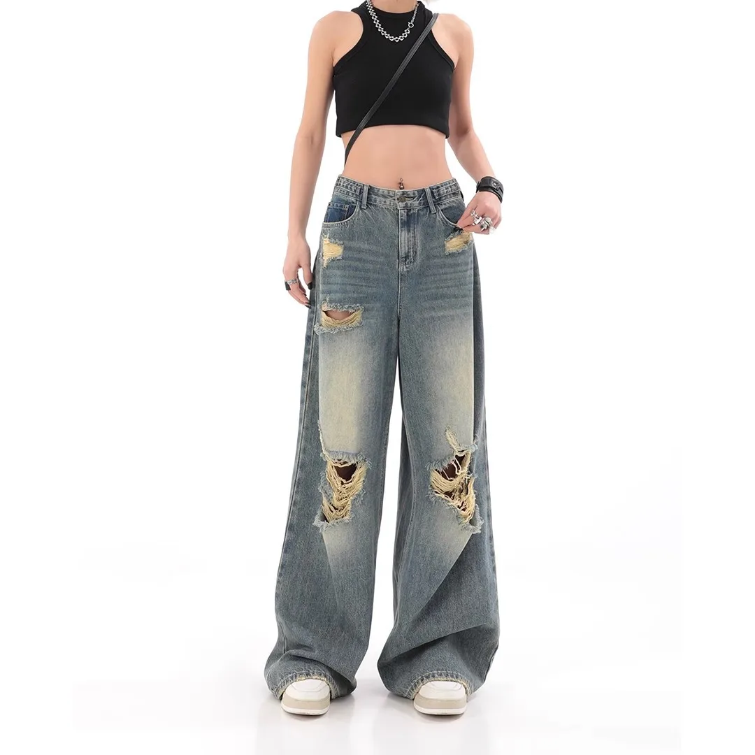 

Retro Washed Distressed Jeans Spring And Summer Women's Street Trendsetter Y2K High Waist Loose Fitting Straight Wide Leg Jeans