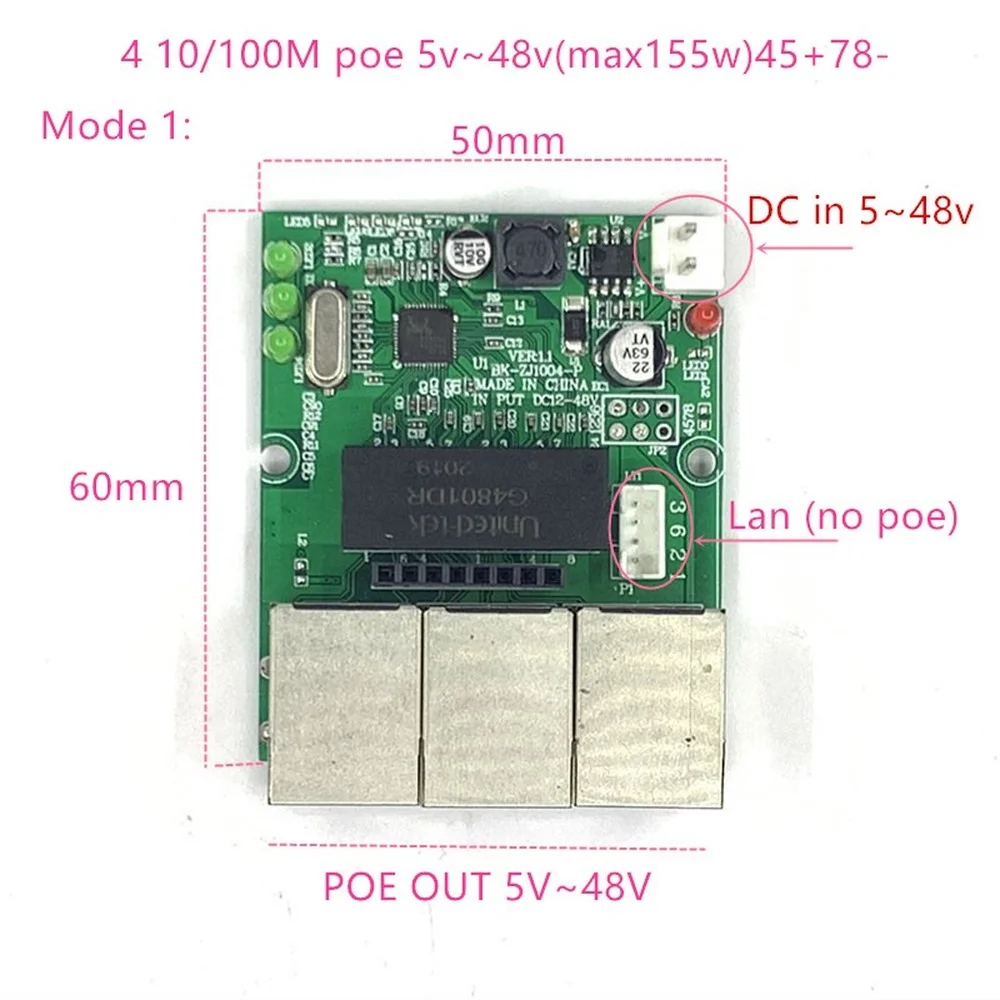 

Реверсивный источник питания POE коммутатор POE IN/OUT5V/12V/24V/48V 45W/3 = 15,4 W 100mbps 802.3AT 45 + 78- DC5V ~ 48V Серия Force POE