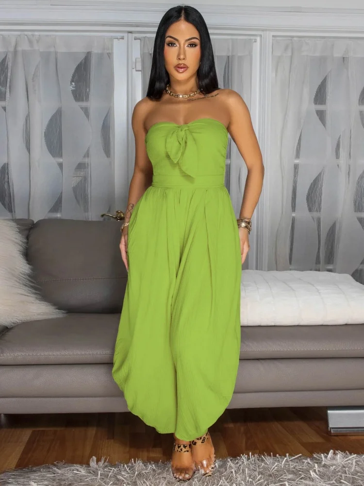 Wmstar Jumpsuit Women Wholesale Summer New Sexy Wrap Chest Collar Bow Solid Wide Leg Romper New Style Fashion Streetwear