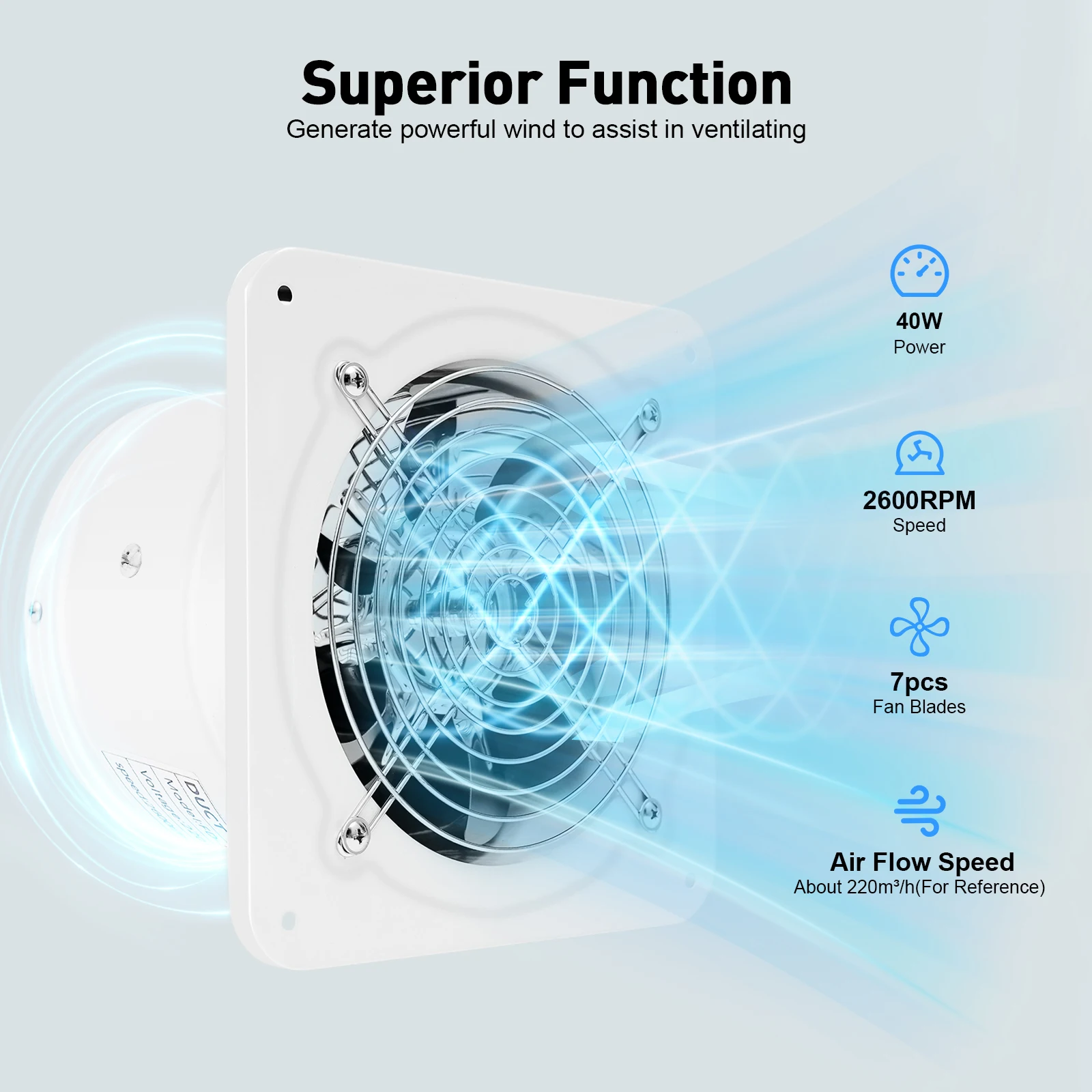 Wall Mounted Kitchen Exhaust Fan, Duct Exhaust Fan Copper Motor Ventilation Fan with Check Valve for Bathroom and Workshop