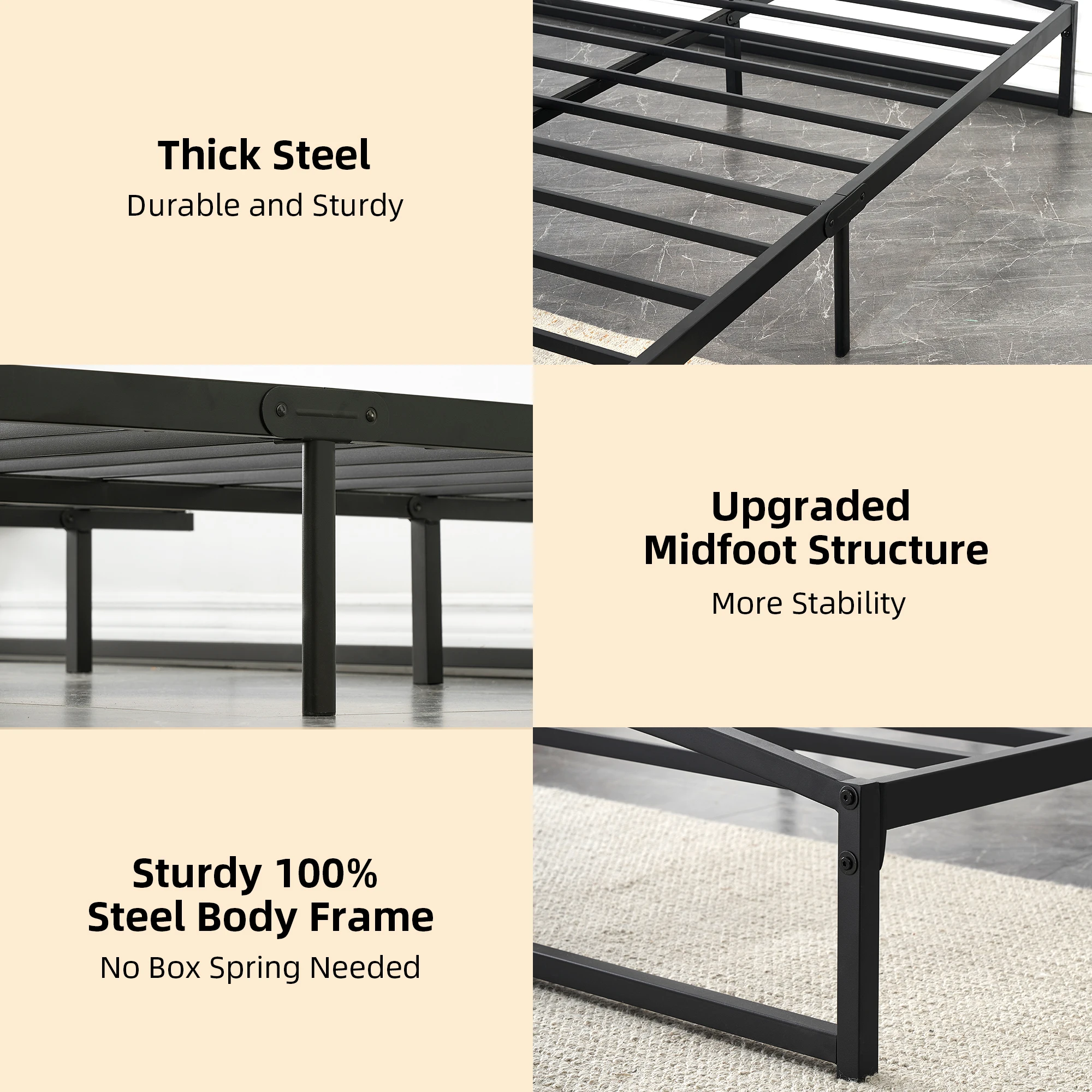 6 Inches High Metal Platform Queen Size Bed Frame, Mattress Foundation, Metal Slat Support, No Box Spring Needed 5