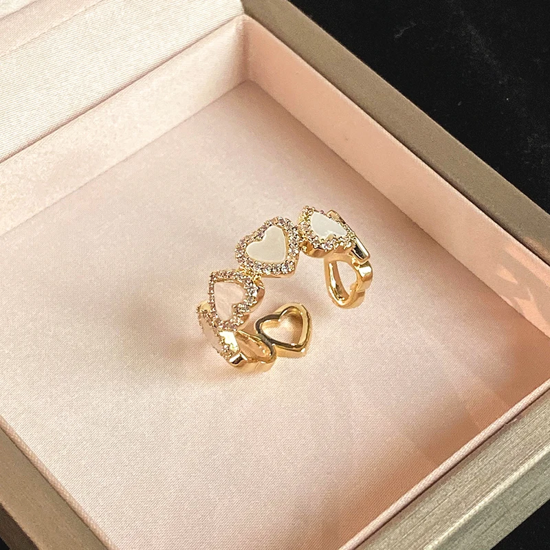 Mädchen Süße Imitation Shell Weiß Herzförmige Micro Set Zirkon Offenen Ring 2024 Party Für frauen Mode Schmuck Zubehör – Detail 6