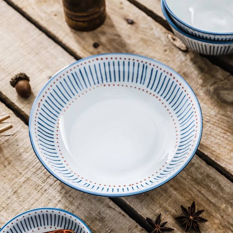 8in Japanese Ceramic Dinner Plate Blue And White Striped Deep Dessert Steak Tray Chinese Tableware