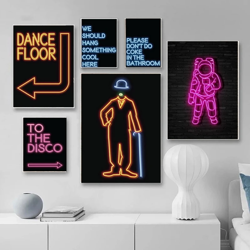 

Abstract To the disco Quote Poster and Print Canvas Painting Astronaut Neon Lights Modern Dance Floor Picture Living Room Decor