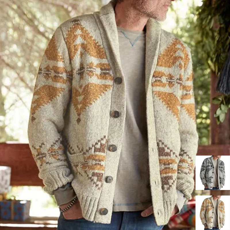 

Autumn Winter New Men's Vintage Jacquard Sleeve Lapel Knit Sweater