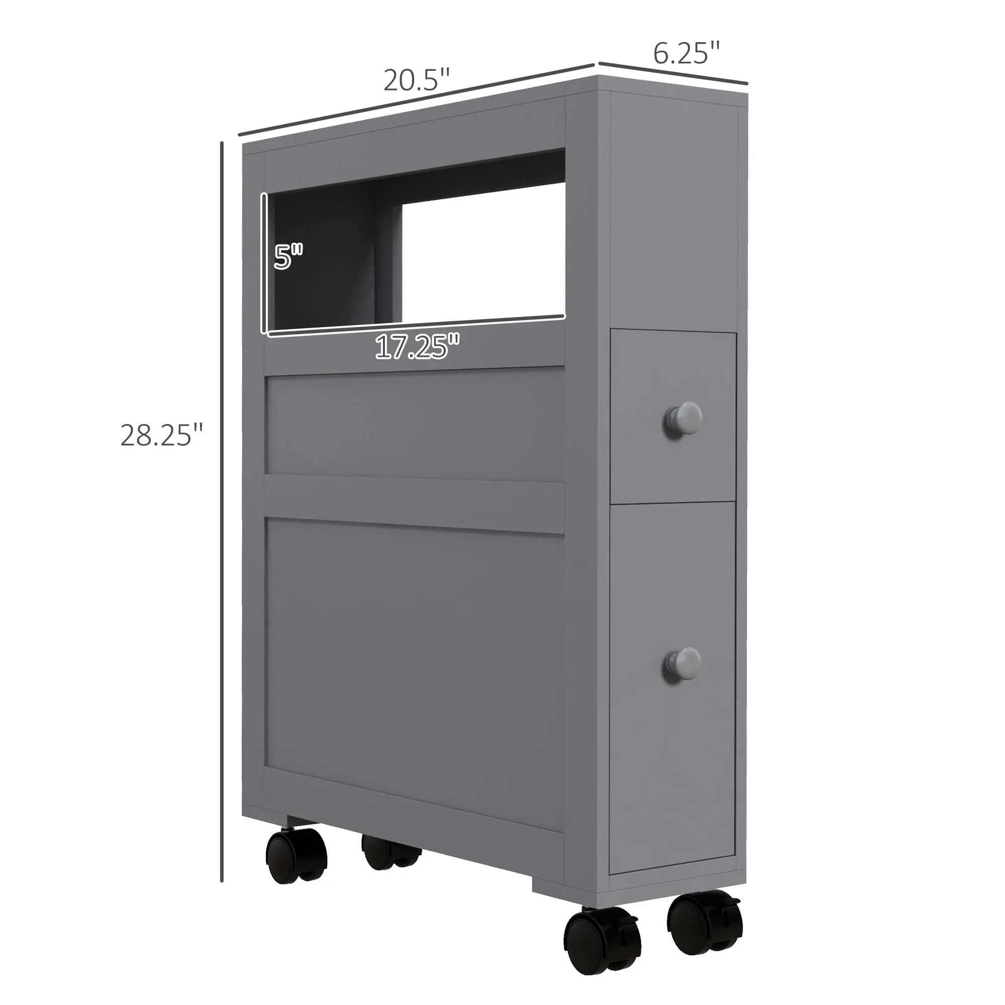 Homcom 6.25" X 20.5" X 28.25" Wood Rolling Narrow Bathroom Side Storage Cabinet - Gray 3