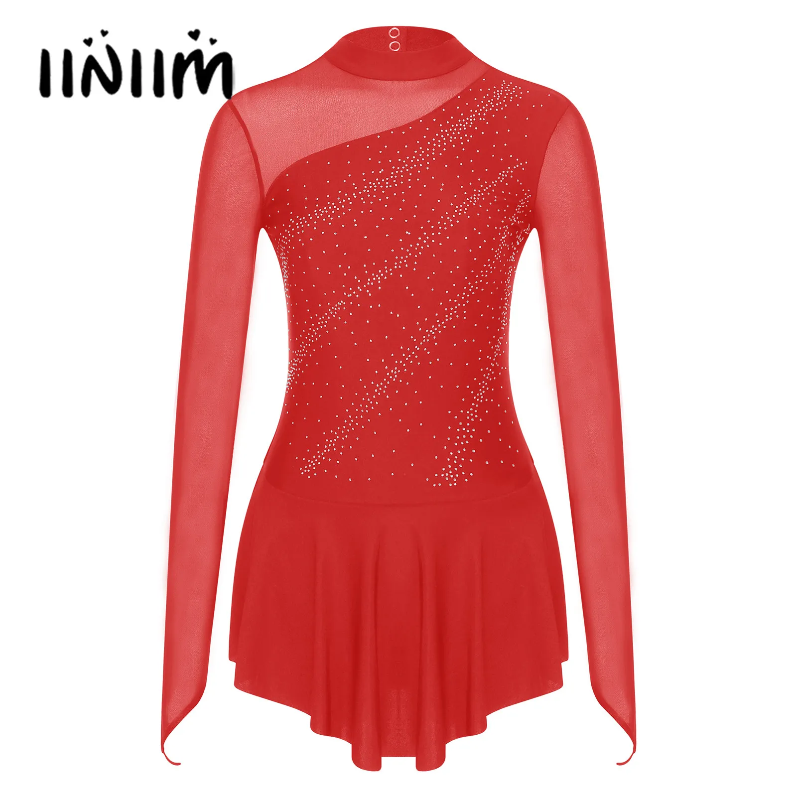 

Womens Figure Skating Ballet Lyrical Dance Dresses Glitter Rhinestone Sheer Mesh Patchwork Dancewear Long Sleeve Leotard Dress