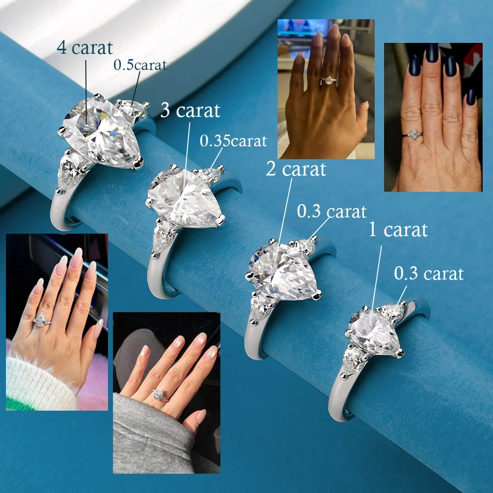 1-5CT Pear Cut Miossanite Ring Certified 925 Sterling Silver Plated 18K D VVS1 Lab Diamond Wedding Engagement Band for Women 2