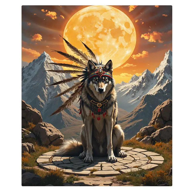 Native Wolf Headdress Flannel Blanket