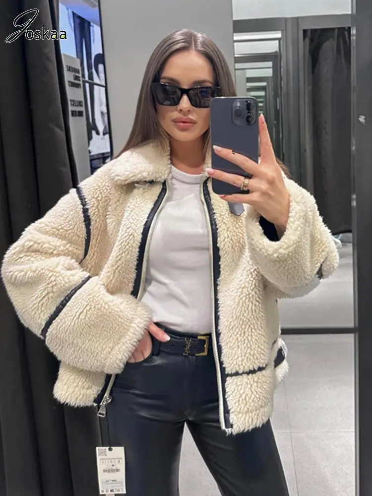 

Joskaa Line Contrast Color Lamb Wool Coat Women Fashion Lapel Zip-Up Fur Loose Jacket 2023 Autumn Winter Moto Style Streetwear