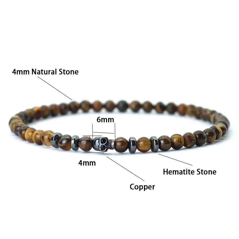 Neue Gothic Schädel Armband Für Männer 4mm Stein Braclet Natürliche Tiger Augen Vulkangestein Braslet Samen Perlen Brazalete Pulsera homme – Detail 7