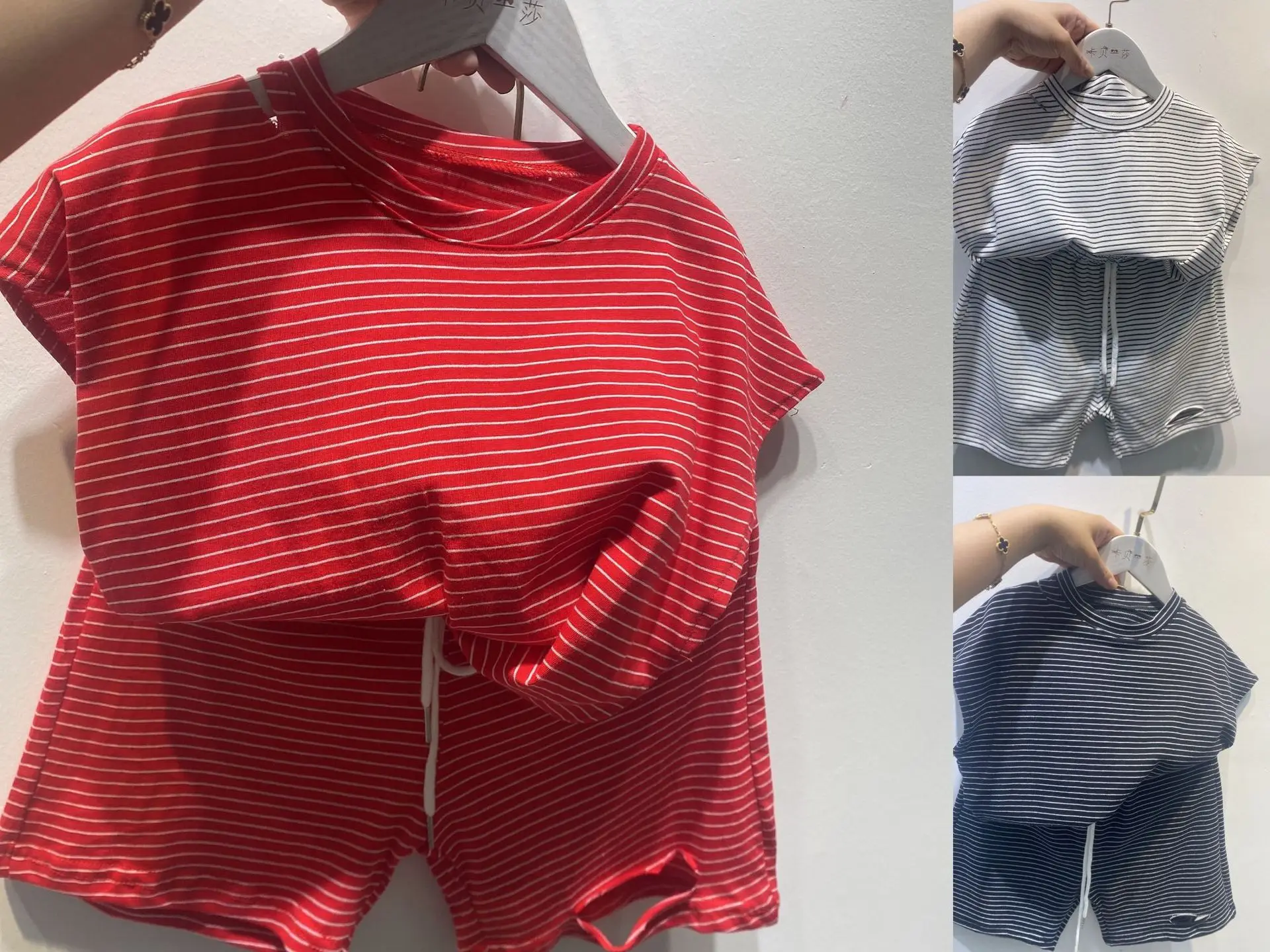 

Summer Sports Suit Children's New Kids Striped T-shirt With Holes Wide leg Shorts Casual Loose Set