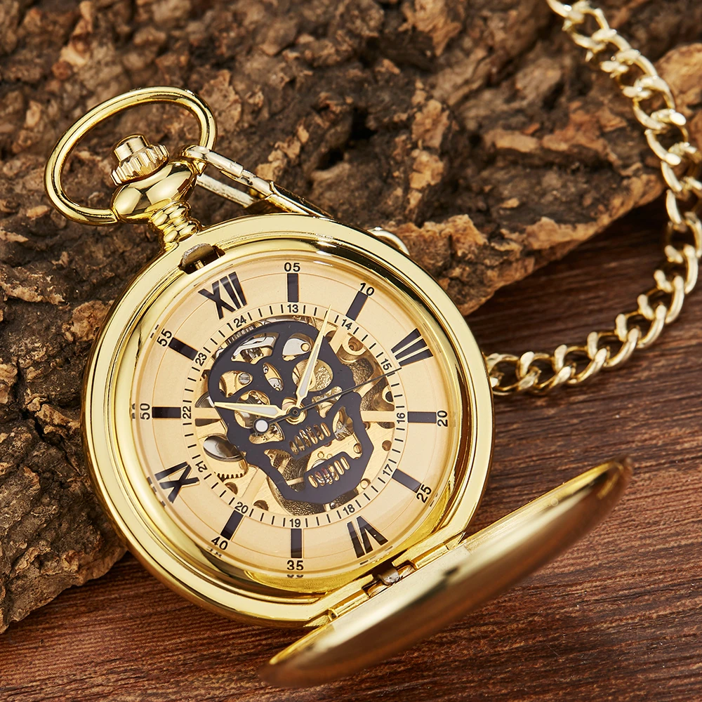 Luxury Stainless Steel Mechanical Pocket Watch Men Skeleton Skull Steampunk Clock Chains FOB Gift Necklace Pendant reloj hombre