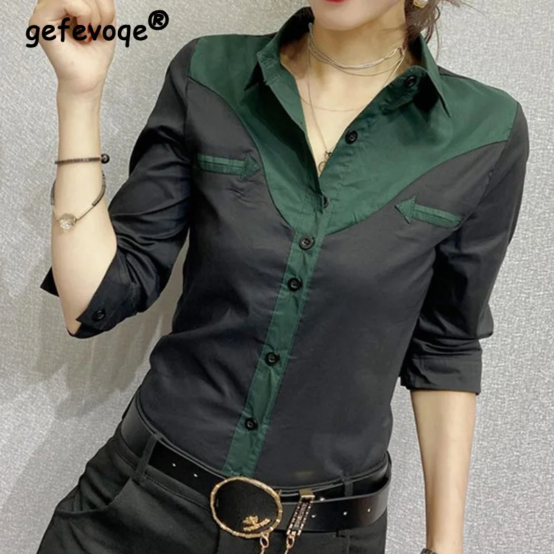 Fashion Color Block Blouse Office Lady Spring Autumn Clothes Korean Polo-Neck Patchwork Button Long Sleeve Slim Women's Shirt maternity slim hip knitting skirts block color plaid patchwork pregnant women s pencil skirts office lady elegant straight skirt