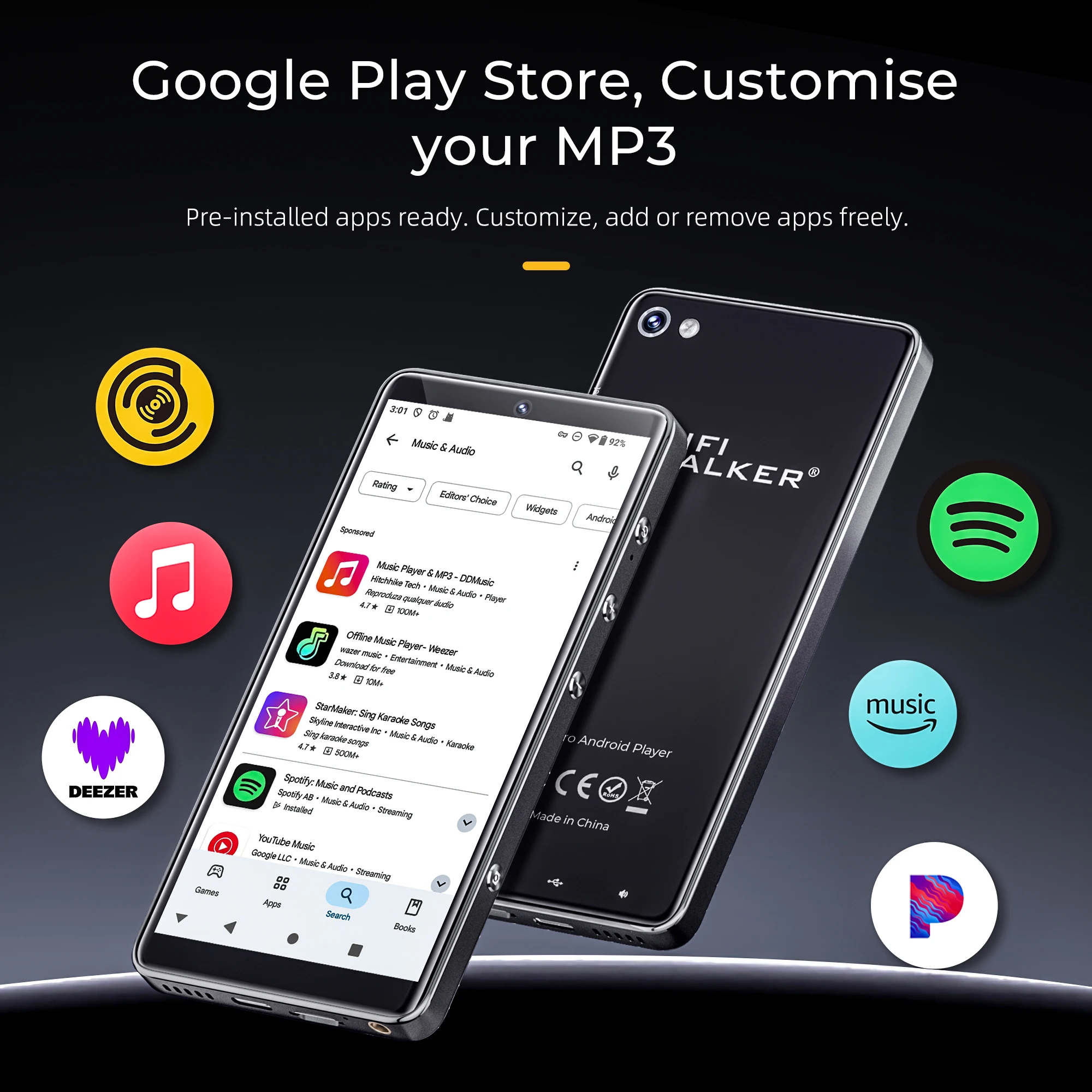 MP3 플레이어, 안드로이드 13 음악 플레이어 (스포티파이 WiFi 지원), 4+32GB 터치스크린, 128GB 최대 512GB 확장 가능, 2500mAh 20시간 재생, 전화 기능 없음