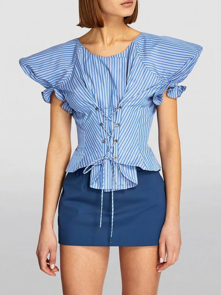 

Design retro striped cape sleeve drawstring tie slim shirt 2024 summer women's new fashion luxury all match irregular top