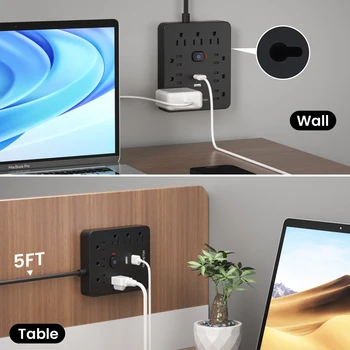 5-Foot  power strip Power Outlet with Surge Protector, 9 ac, 3 USB Ports, Extension Cord, Quick Charge, for Home and Office 1