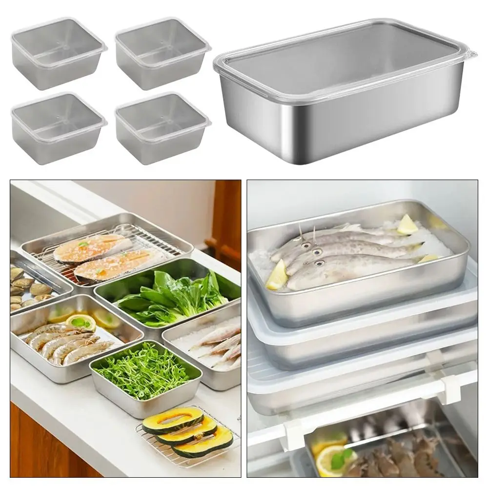 

1Pcs Stainless Steel Crisper Box New Refrigerator Frozen with Lid Food Organizer S/M/L Sorting Storage Box Kitchen