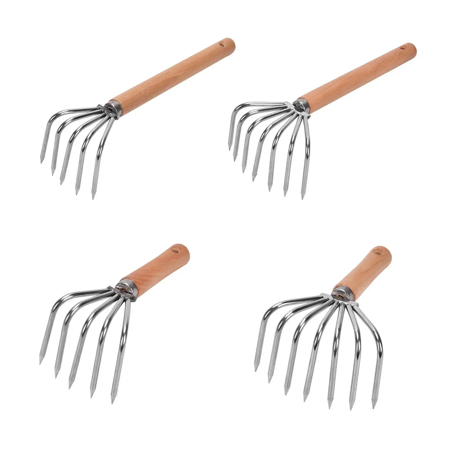 Hand Rake Stainless Steel Claws Portable Wood Handle Weeding Cultivator Gardening Tool Clamming Rake Soil Tiller for Flowers