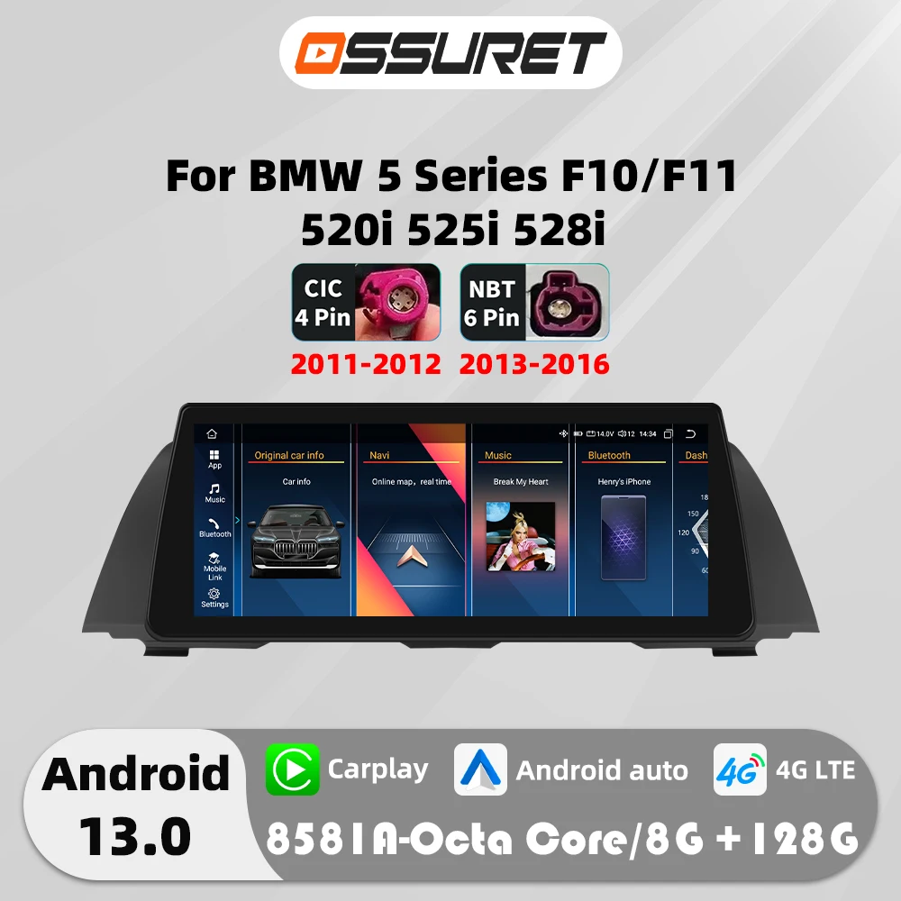 Autoradio pour BMW Série 5 F10 F11 520I 525I 528I, 10.25 Pouces, Android 13, 4G Carplay, CIC NBT, Lecteur à Limitation existent, Navigation GPS, Stéréo, SWC