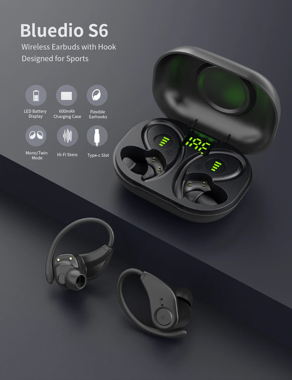 Bluedio S6 Wireless Bluetooth Headphones with Microphone Sport Earbuds