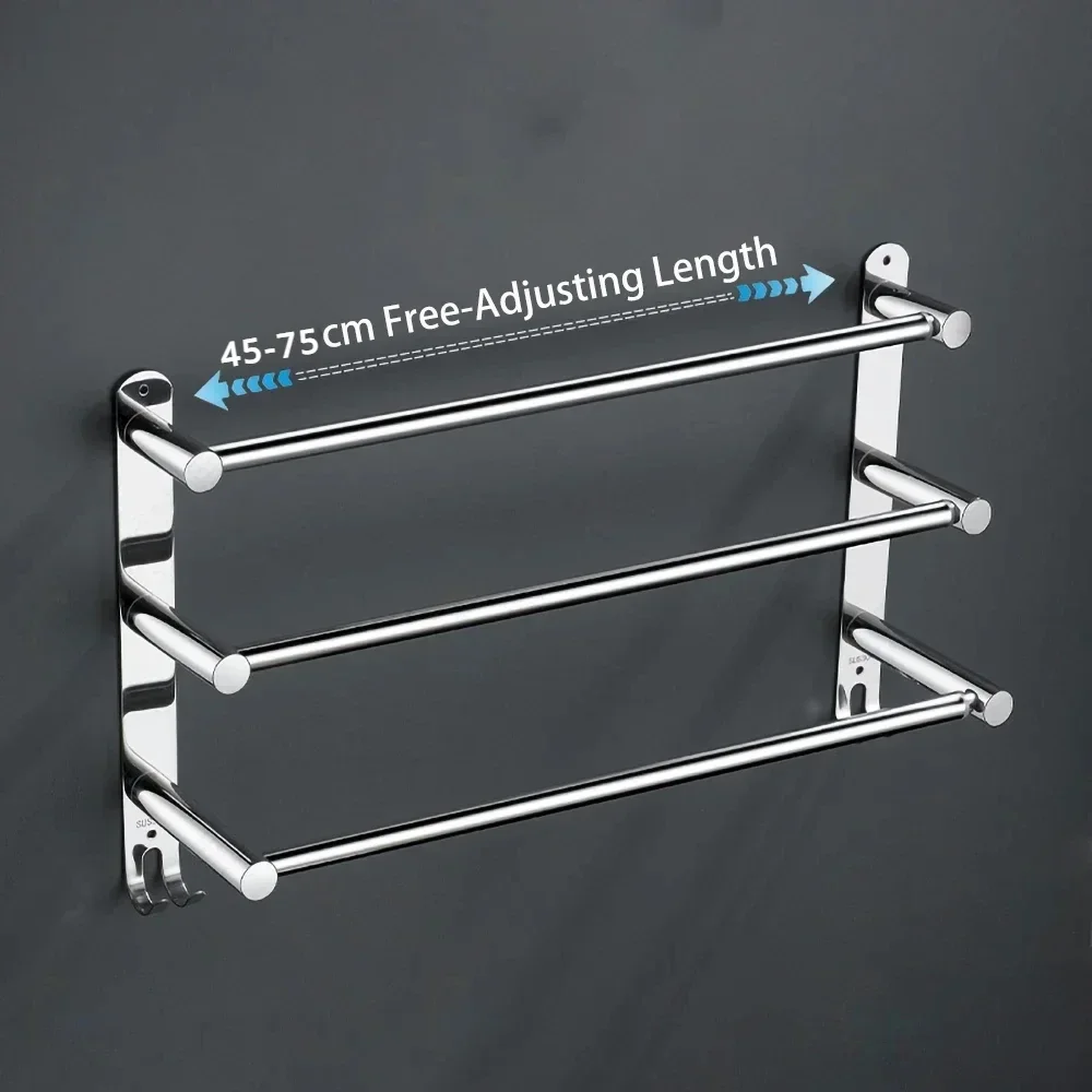 Towel Rack Bathroom Extendable 304 Polished Stainless Steel 45-75cm Retractable Bar With Hook