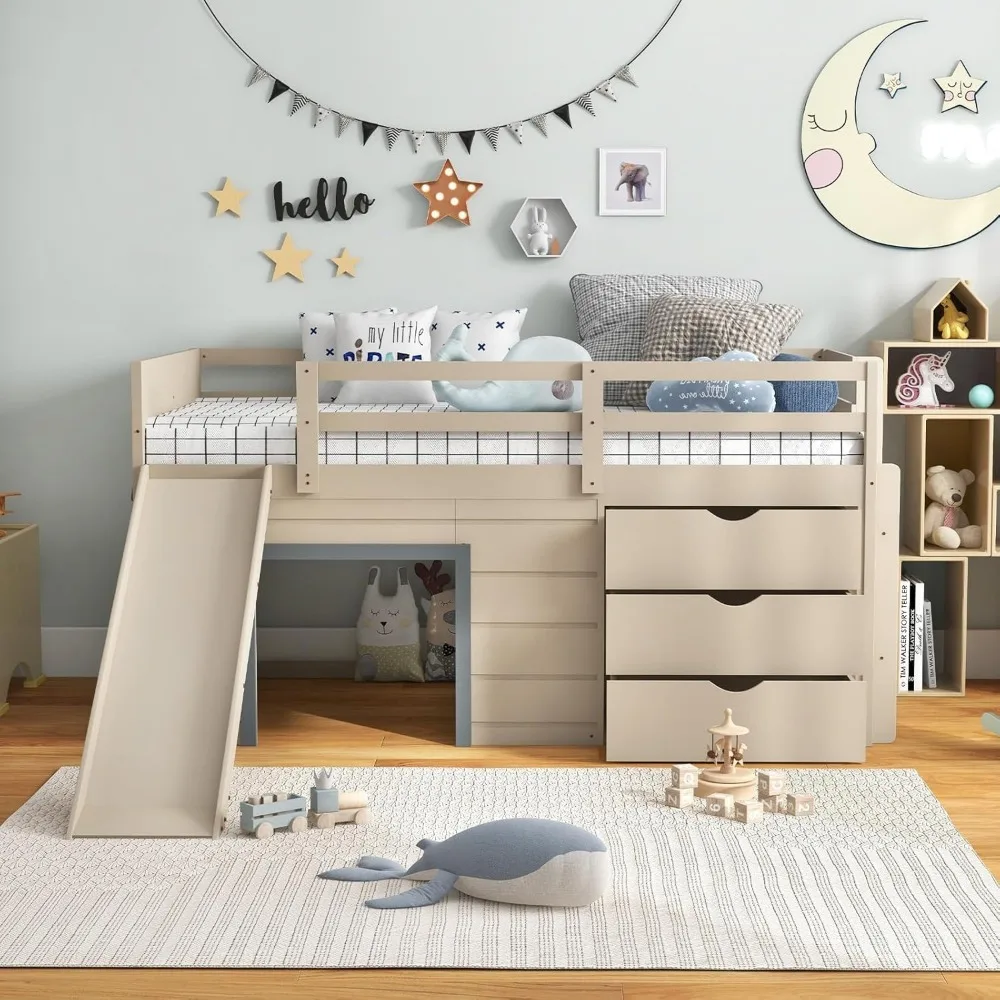Wood Loft Bed with Slide, Ladder,  Loft Bed for Girls & Boys, Children Beds 3